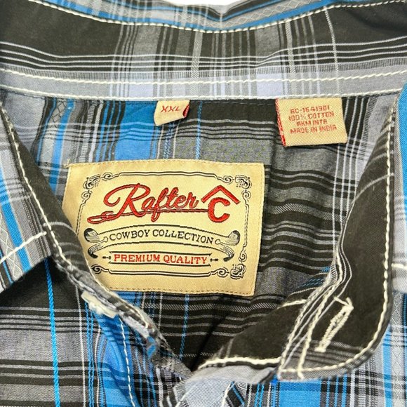 Rafter C Cowboy Collection Western Blue Black Plaid Pearl Snap Button Up XXL - Picture 4 of 7